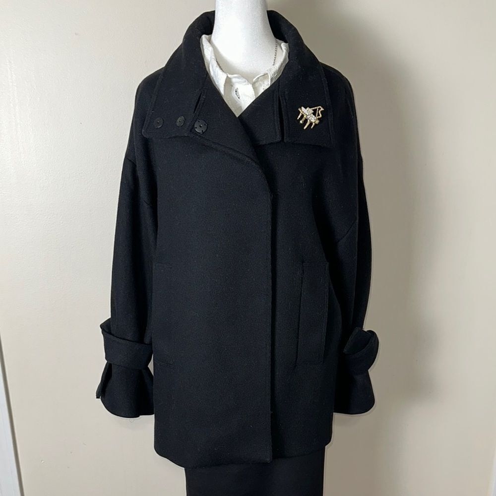 Mango XS Black Wool Blend Relaxed Style Bell Tie Sleeve Mock Neck Jacket